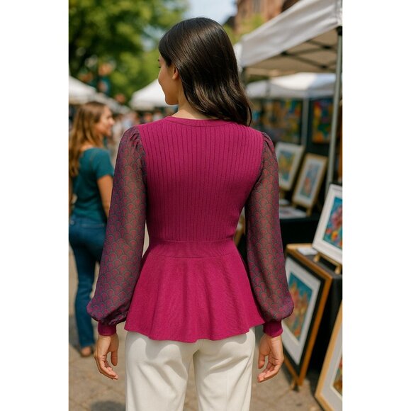 89th Madison NWT Medium Sheer Magenta Haze Knit Peplum Top Mesh Balloon Sleeves - Picture 5 of 12